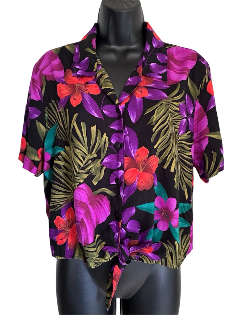 Vintage Black Tropical Resortwear Floral Tie-Front Cropped Blouse Sz XL